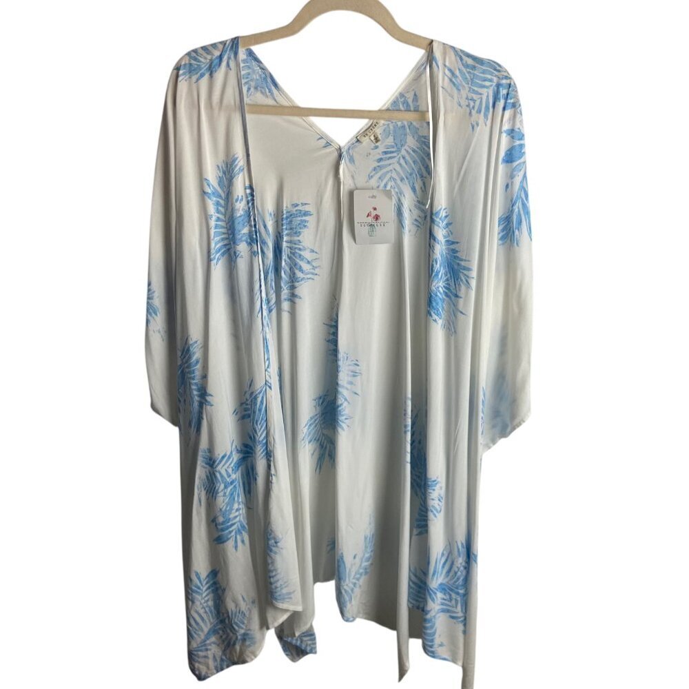 En Creme Size S Kimono Open Front Top Tropical Leaf Print Swim Blue White Boho